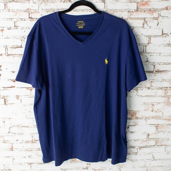 Polo Ralph Lauren Men’s XL V-Neck T-Shirt Navy Blue Yellow Pony Logo - Picture 1 of 7